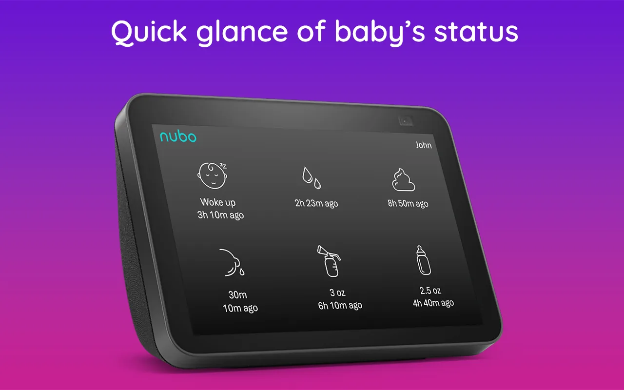 Nubo baby tracker dashboard displayed on an Amazon Echo Show