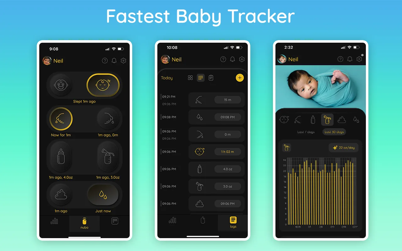 Nubo app home screen showing colorful one-tap quick log cards for sleep, nursing, formula, pumping, and diaper
