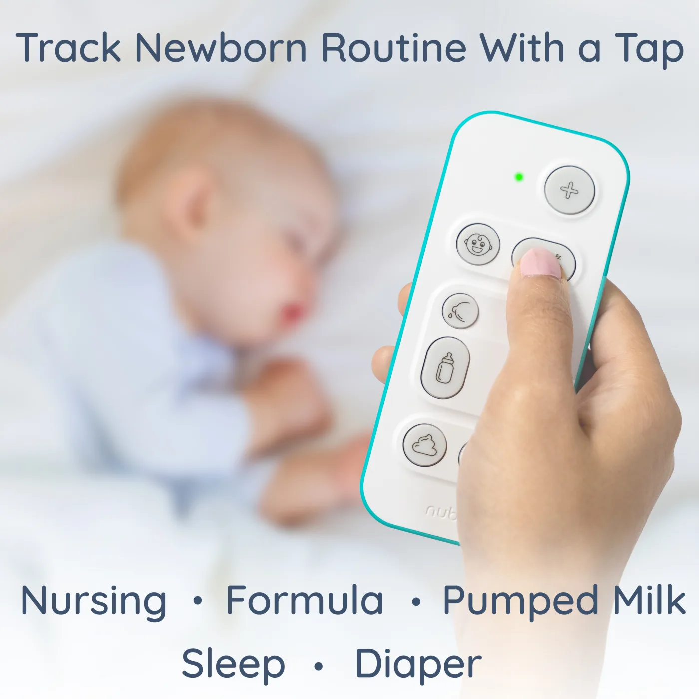 Hand pressing the Nubo instant tracker beside a sleeping baby