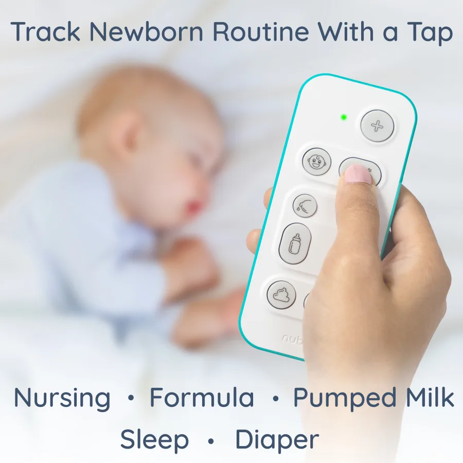 Hand pressing the Nubo instant tracker beside a sleeping baby